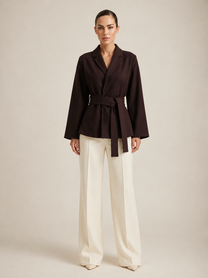 Manteau Long Marron Ceinturé à Col Châle Femme