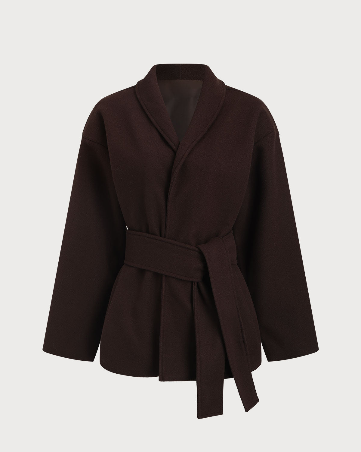 Manteau Long Marron Ceinturé à Col Châle Femme