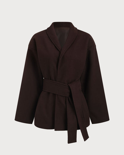 Manteau Long Marron Ceinturé à Col Châle Femme