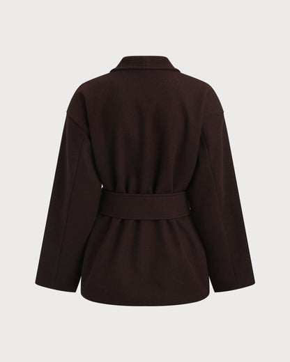 Manteau Long Marron Ceinturé à Col Châle Femme