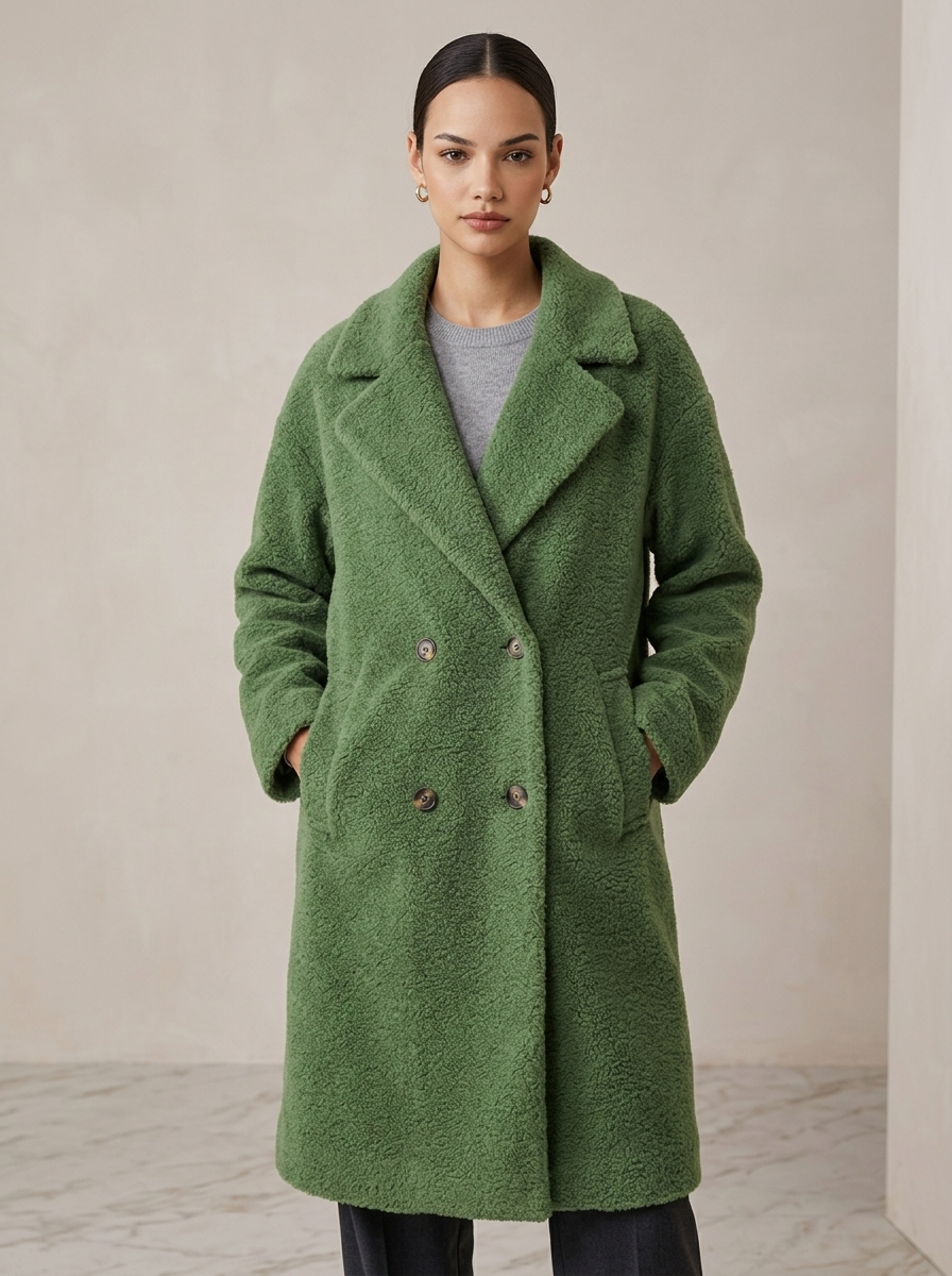 Manteau Femme Ample Effet Laine à Capuche, Boutons et Poches