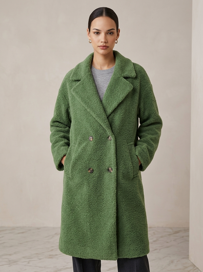 Manteau Femme Ample Effet Laine à Capuche, Boutons et Poches