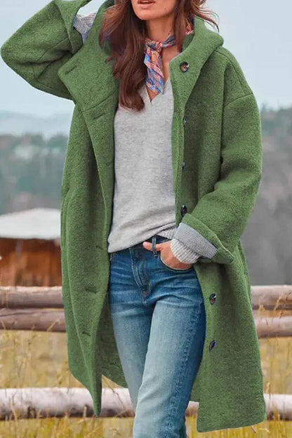 Manteau Femme Ample Effet Laine à Capuche, Boutons et Poches