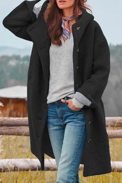 Manteau Femme Ample Effet Laine à Capuche, Boutons et Poches