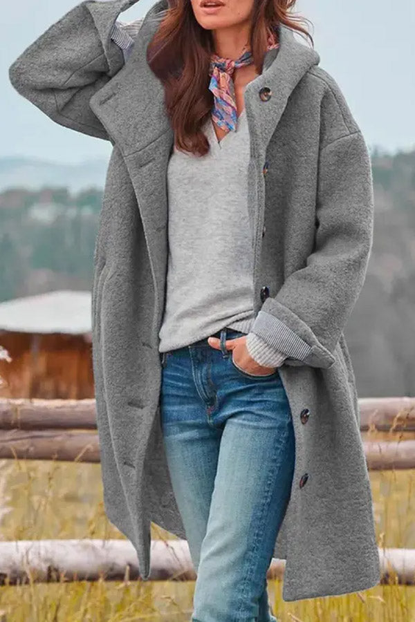 Manteau Femme Ample Effet Laine à Capuche, Boutons et Poches