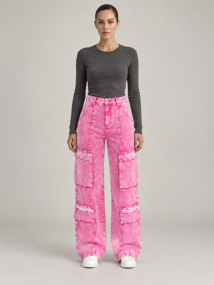 Pantalon Cargo Rose Délavé Femme