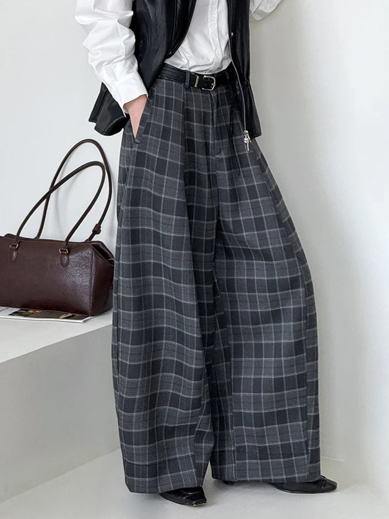 Pantalon à Carreaux Coupe Large Femme