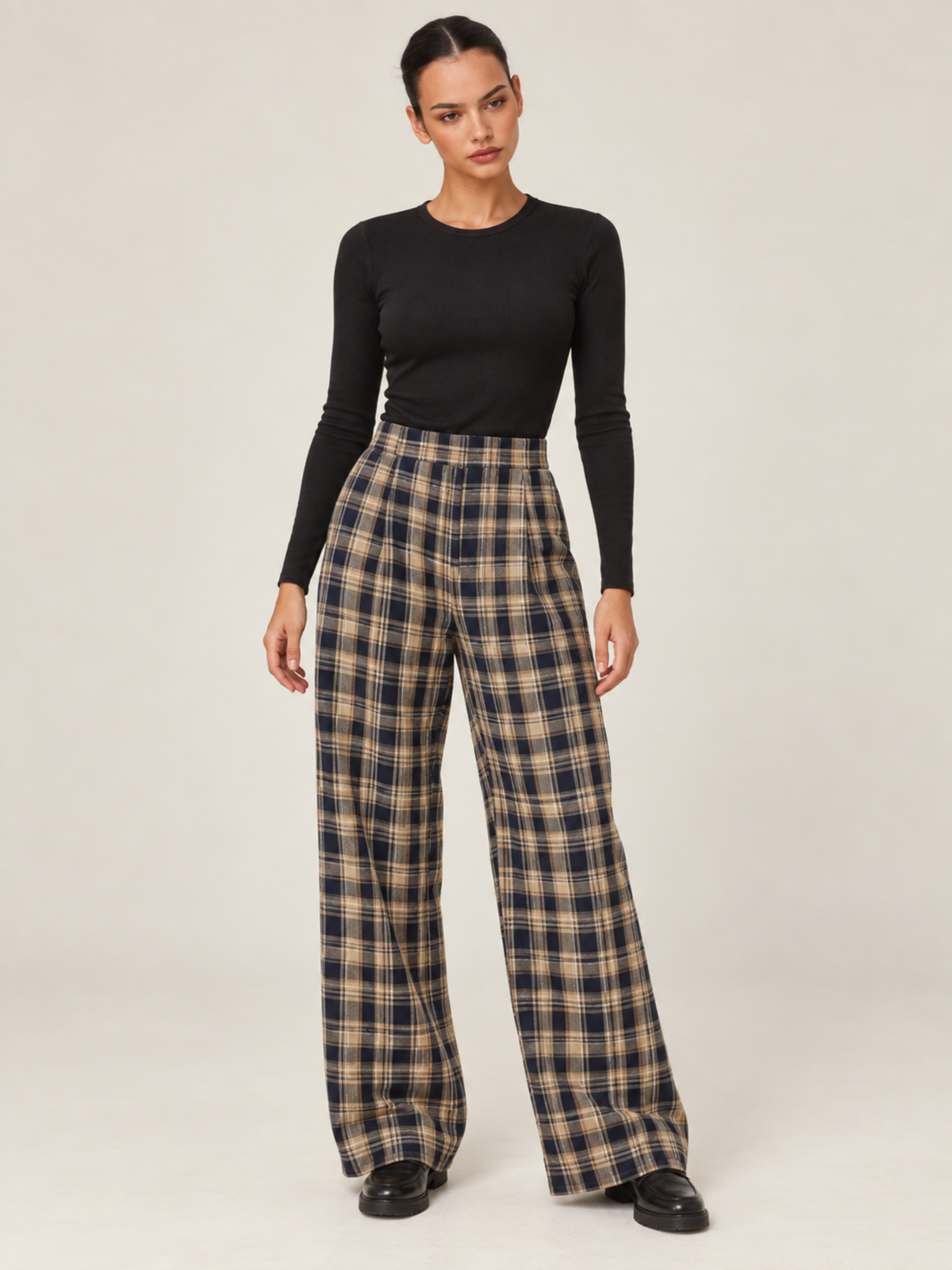 Pantalon à Carreaux Taille Élastique Femme