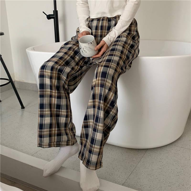 Pantalon à Carreaux Taille Élastique Femme