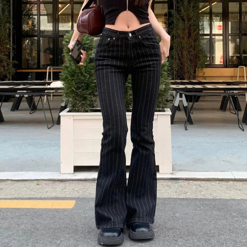 Pantalon Flare Noir Rayé Femme