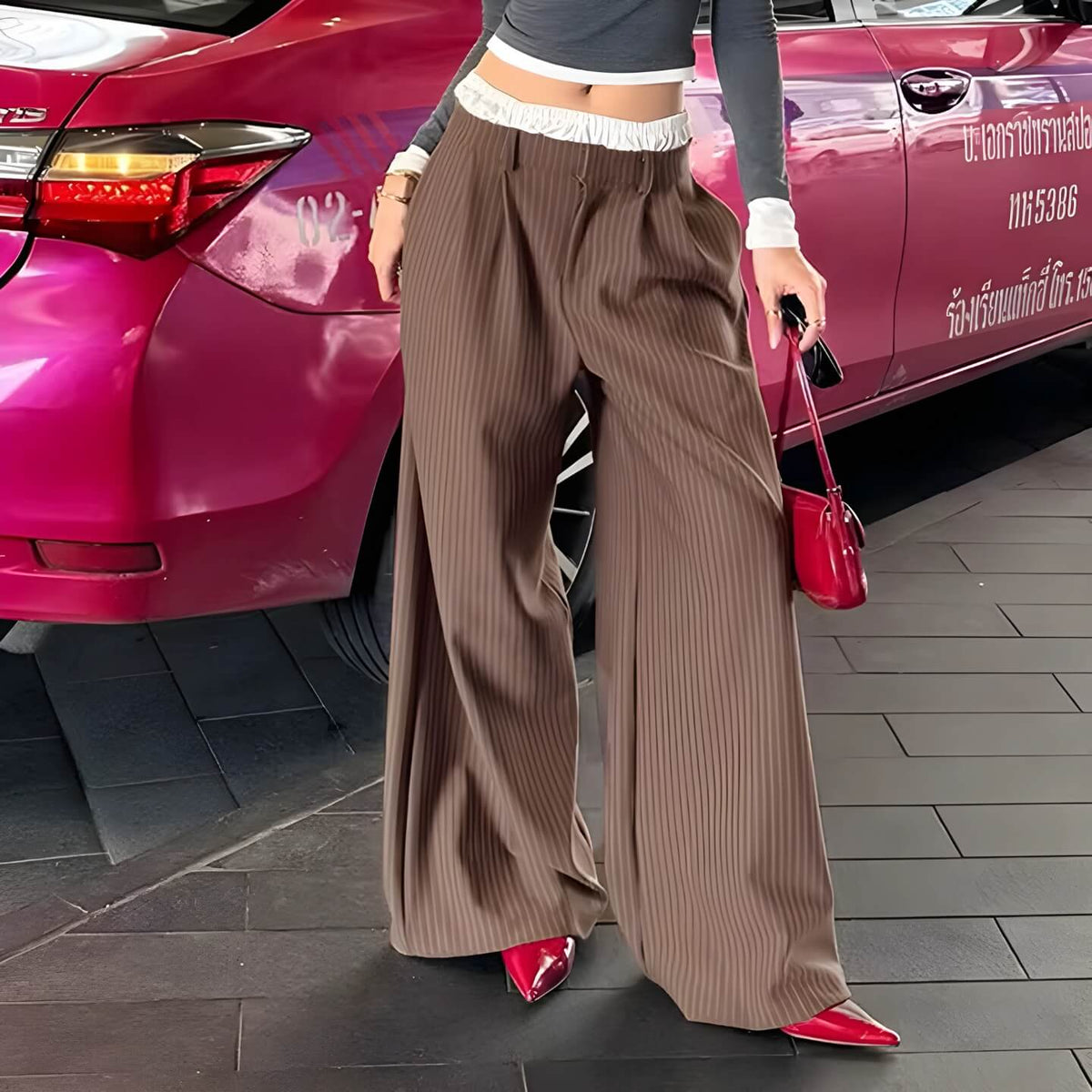 Pantalon Large à Fines Rayures Femme