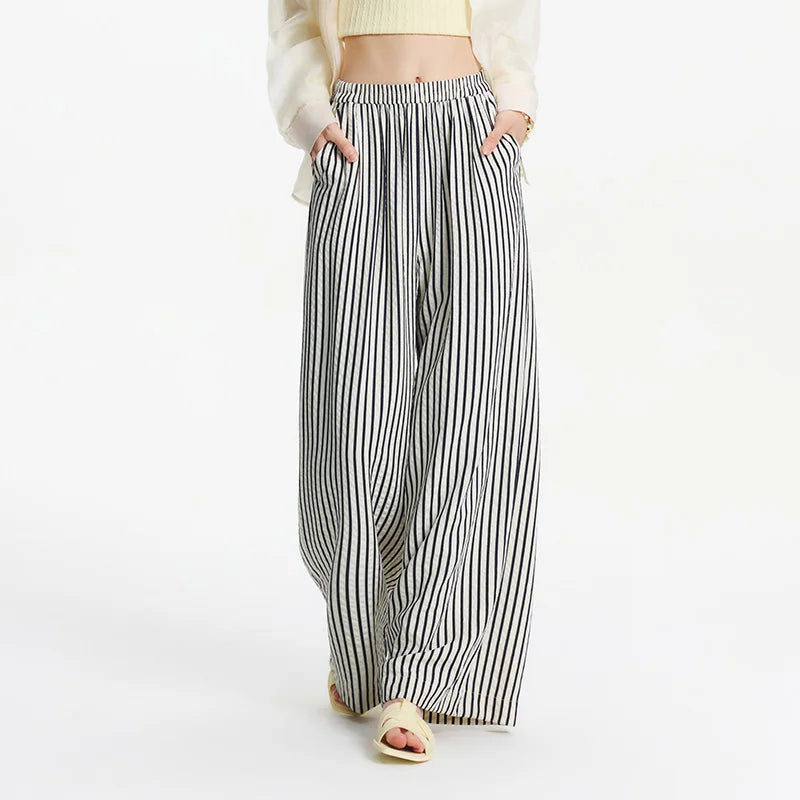 Pantalon Large Gris à Rayures Femme