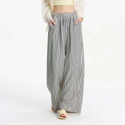 Pantalon Large Gris à Rayures Femme