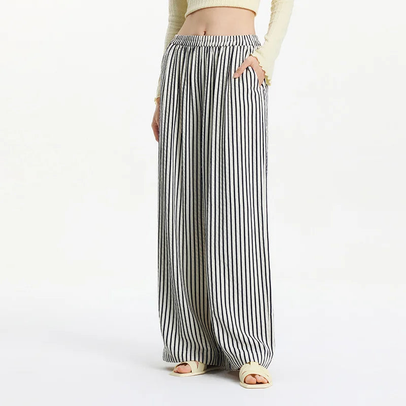 Pantalon Large Gris à Rayures Femme