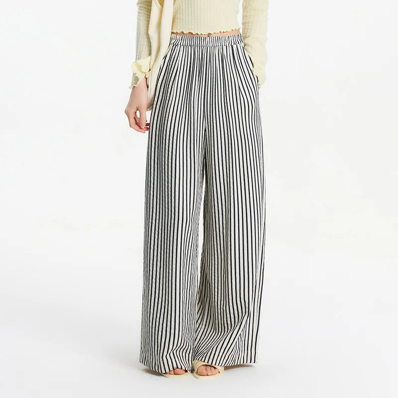 Pantalon Large Gris à Rayures Femme