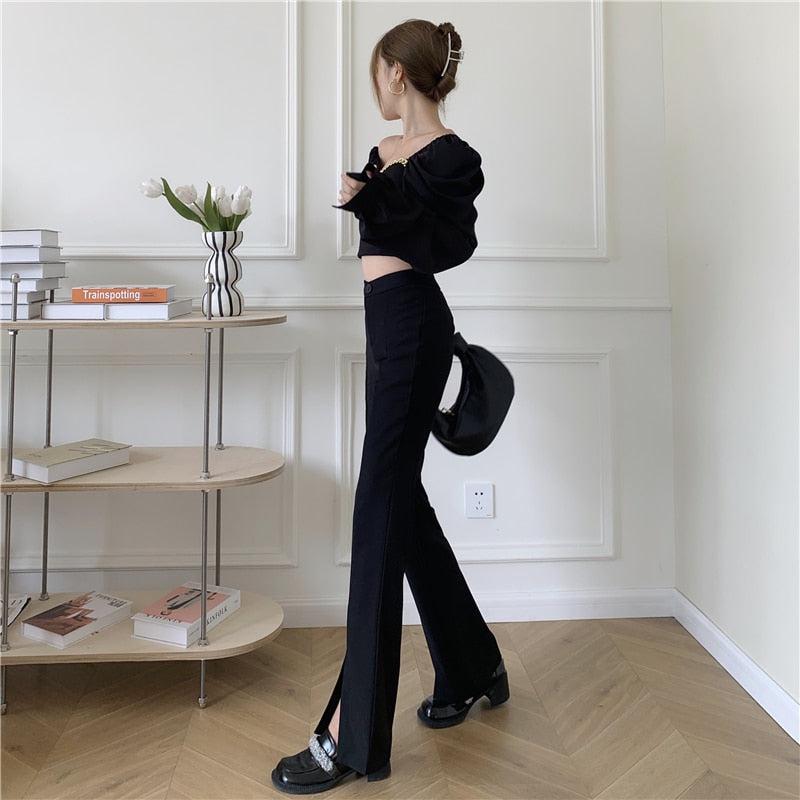 Pantalon Large Noir Fendu Femme