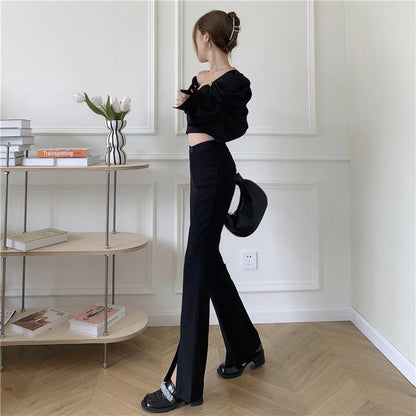 Pantalon Large Noir Fendu Femme