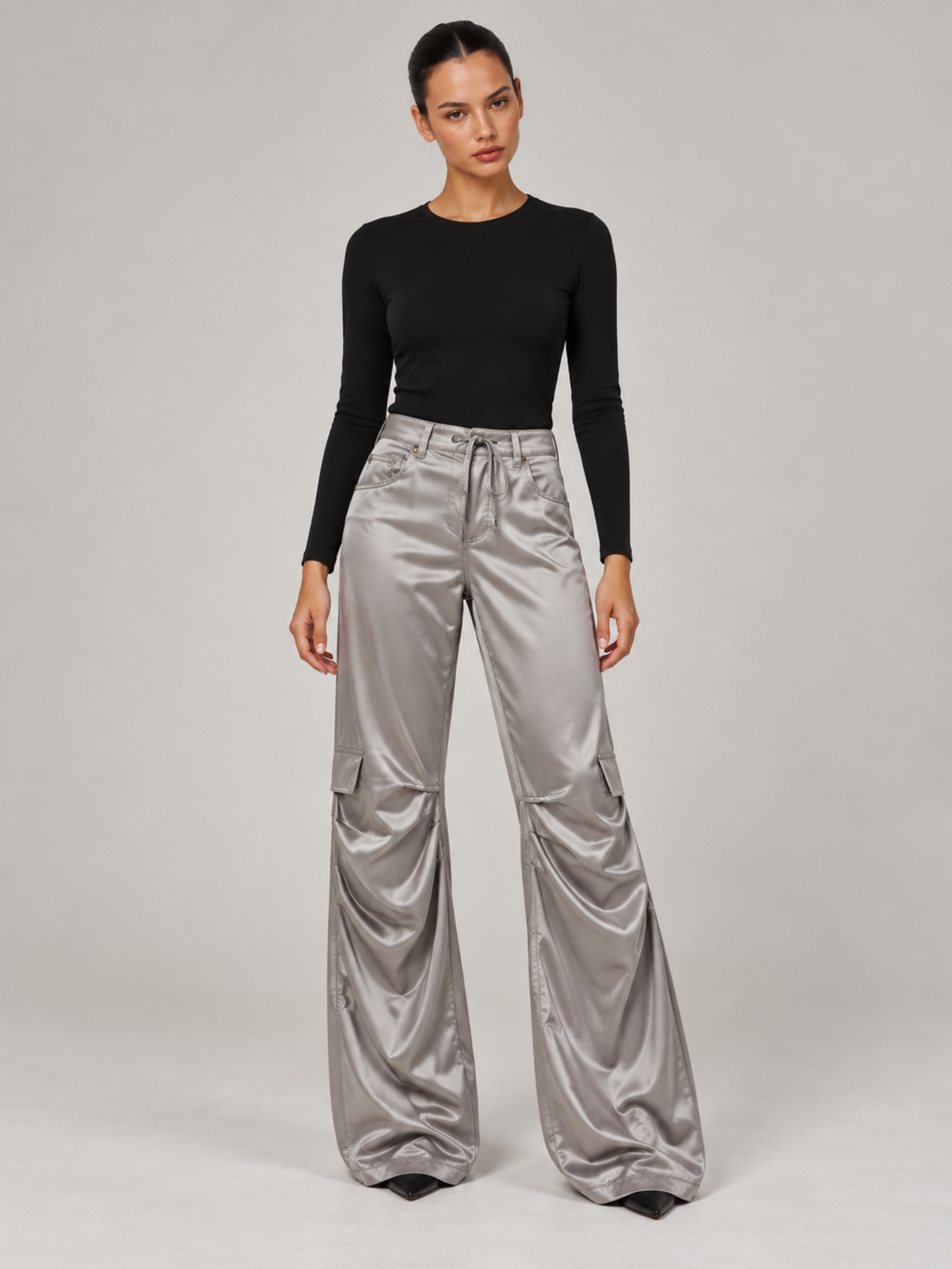 Pantalon Satin Taille Haute Femme
