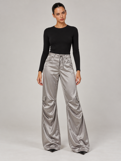 Pantalon Satin Taille Haute Femme