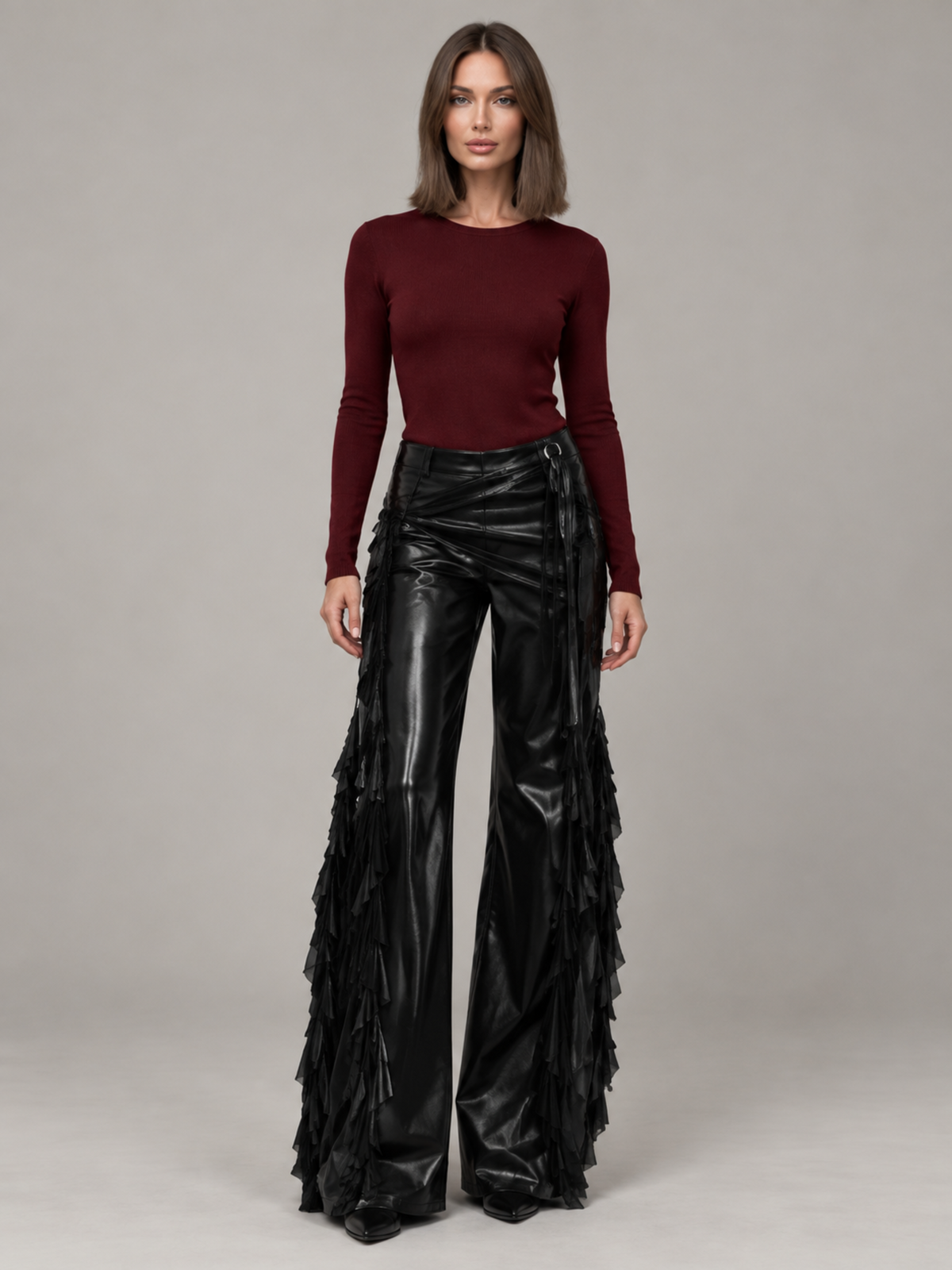 Pantalon Simili Cuir à Volants Femme