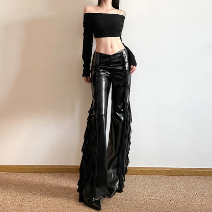 Pantalon Simili Cuir à Volants Femme