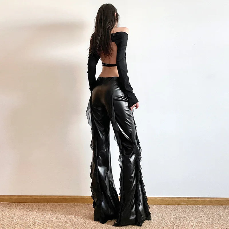 Pantalon Simili Cuir à Volants Femme