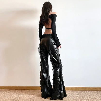 Pantalon Simili Cuir à Volants Femme