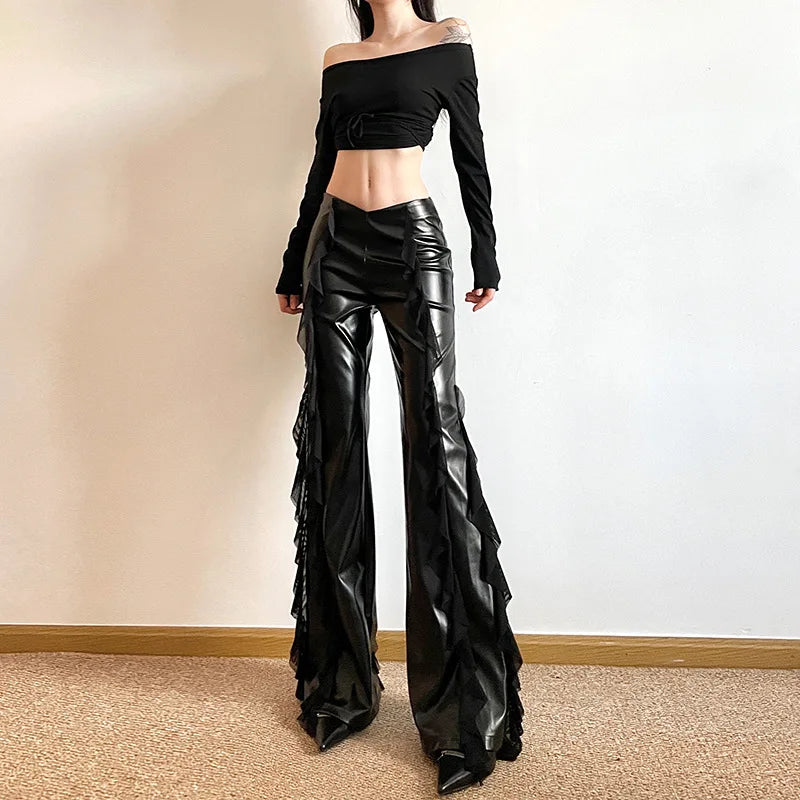 Pantalon Simili Cuir à Volants Femme