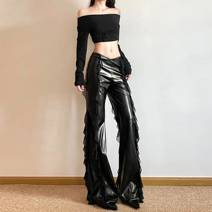 Pantalon Simili Cuir à Volants Femme