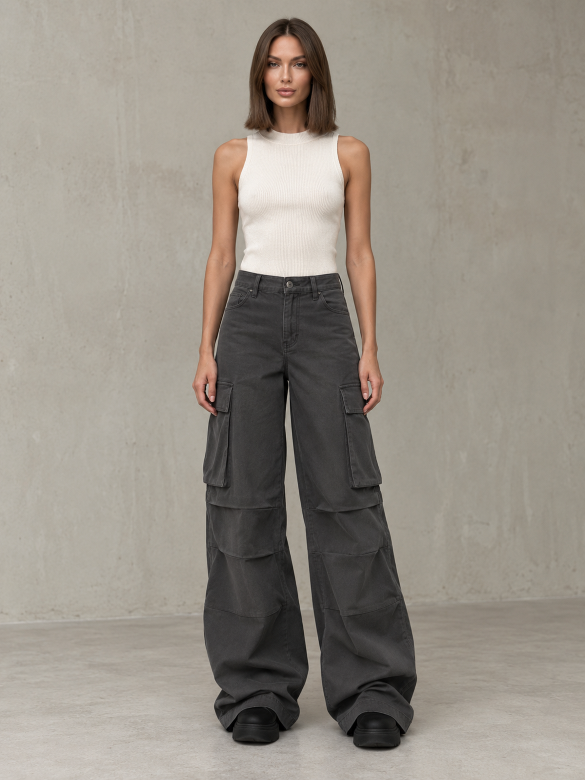 Pantalon Cargo Large Taille Haute Femme