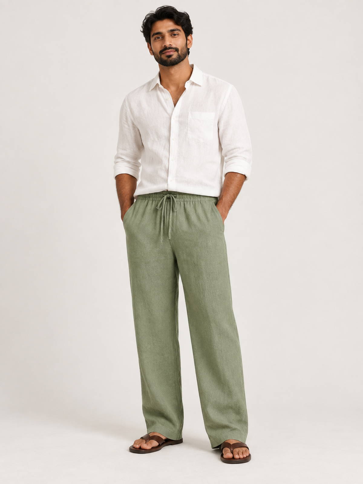 Pantalon Droit en Lin à Taille élastique Homme