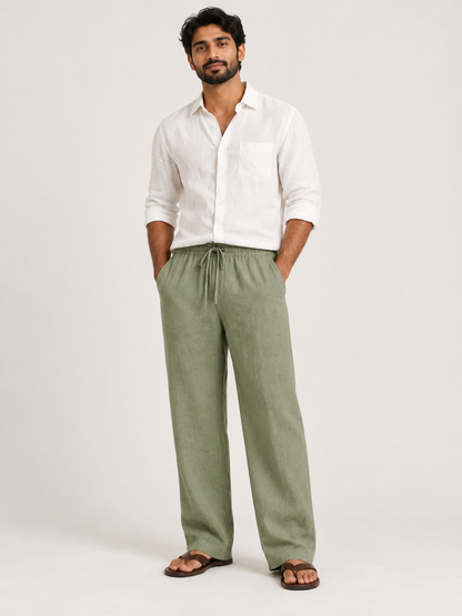 Pantalon Droit en Lin à Taille élastique Homme