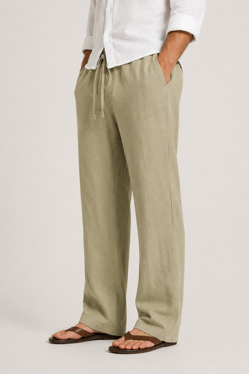 Pantalon Droit en Lin à Taille élastique Homme