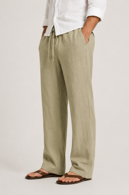 Pantalon Droit en Lin à Taille élastique Homme