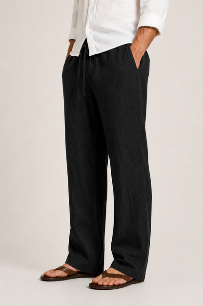 Pantalon Droit en Lin à Taille élastique Homme