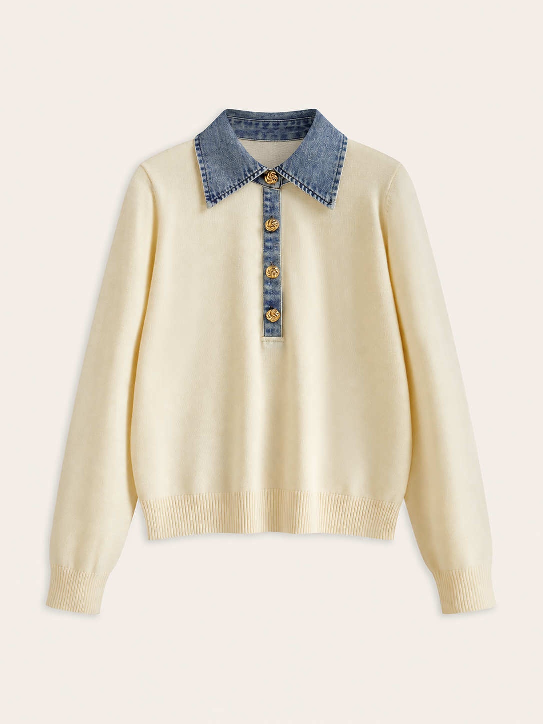 Ruœgy Pull Col Chemise Effet Denim Femme
