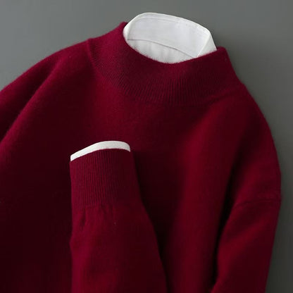 Pull Femme Effet Cachemire à Col Montant et Finitions Côtelées