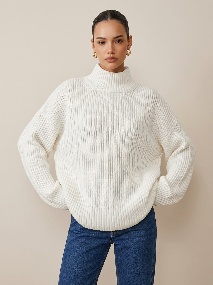 Pull Femme en Maille à Col Roulé, Coupe Droite et Élasticité Moyenne