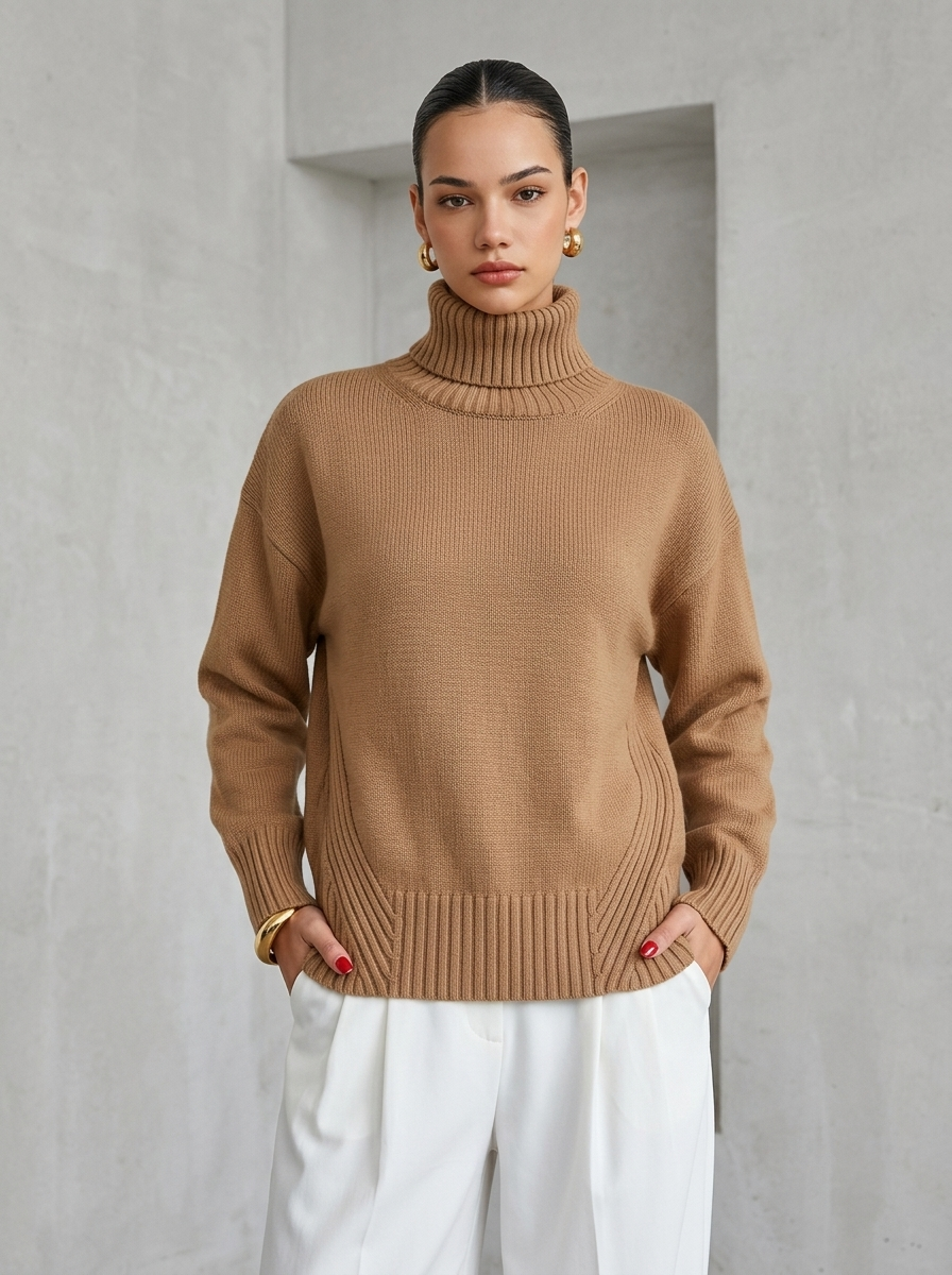 Pull Femme à Col Roulé en Maille Tricotée avec Finitions Décoratives