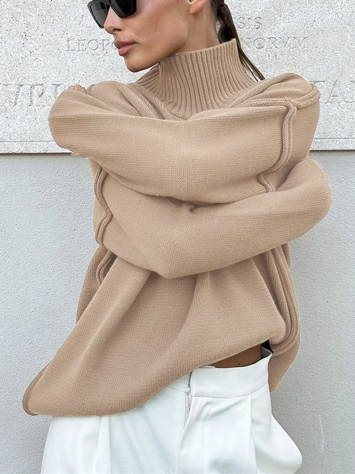 Pull Femme à Col Roulé en Maille Tricotée avec Finitions Décoratives