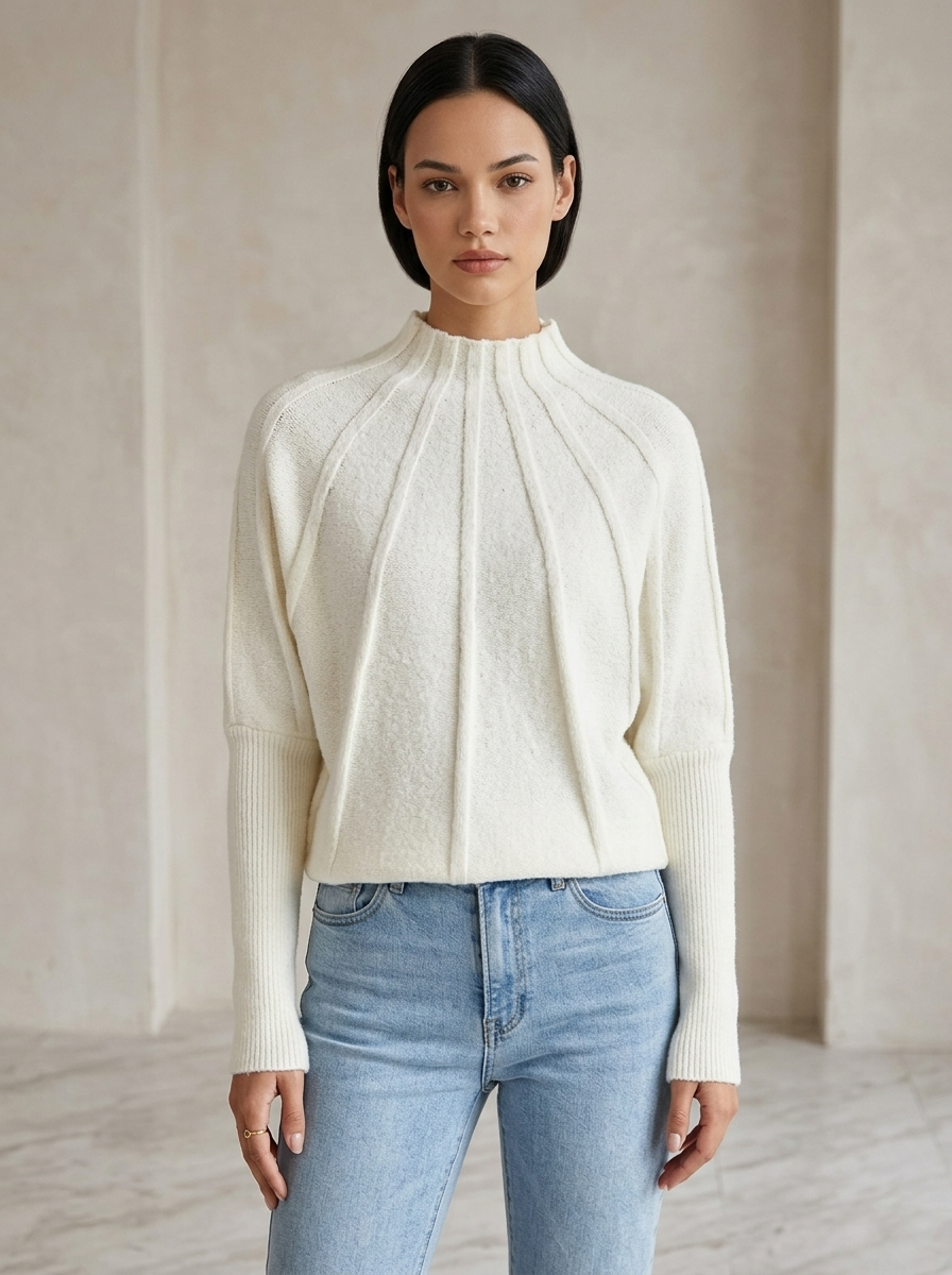 Pull Femme en Maille Géométrique à Coupe Évasée, Col Montant et Manches Raglan