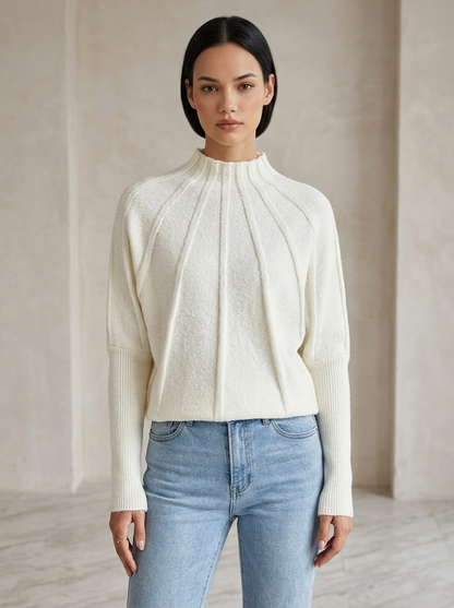 Pull Femme en Maille Géométrique à Coupe Évasée, Col Montant et Manches Raglan
