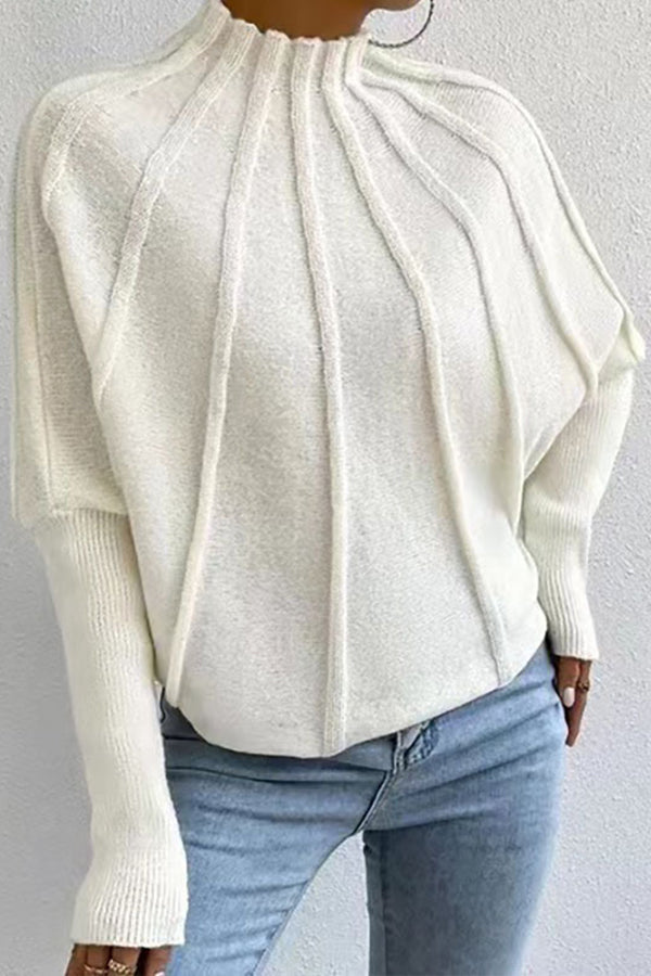Pull Femme en Maille Géométrique à Coupe Évasée, Col Montant et Manches Raglan
