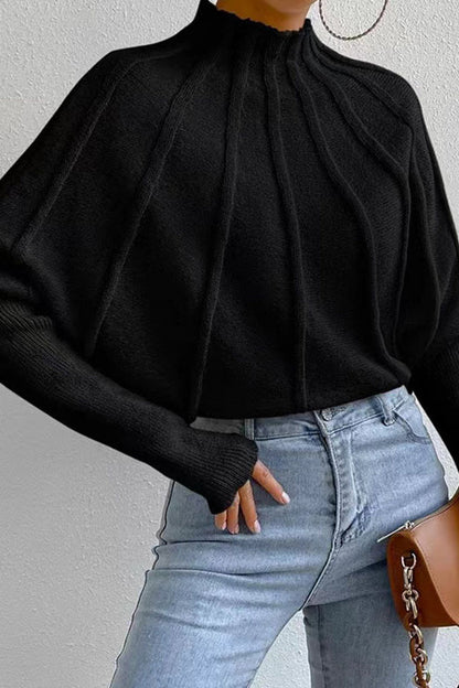 Pull Femme en Maille Géométrique à Coupe Évasée, Col Montant et Manches Raglan