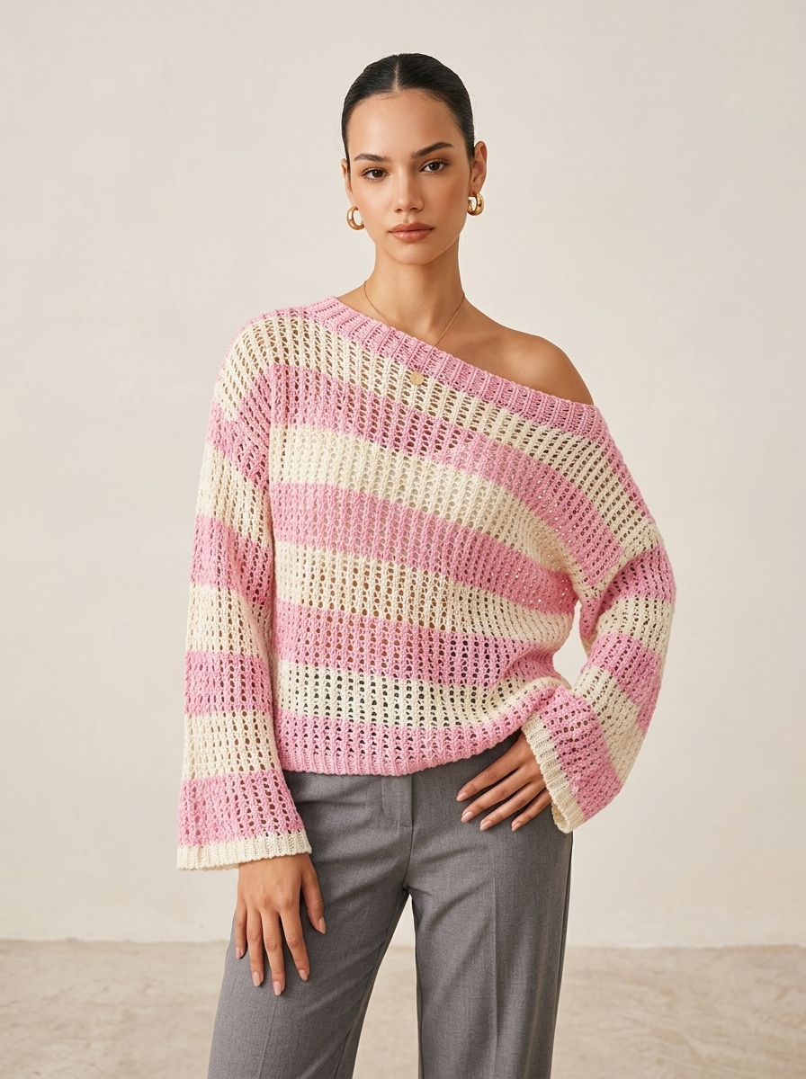 Pull Femme Oversize Rayé Rose en Maille Légère à Poignets Resserrés