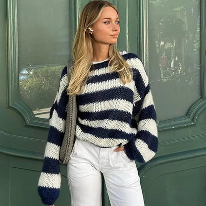 Pull Femme Oversize Rayé Rose en Maille Légère à Poignets Resserrés