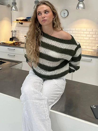 Pull Femme Oversize Rayé Rose en Maille Légère à Poignets Resserrés