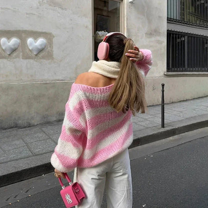 Pull Femme Oversize Rayé Rose en Maille Légère à Poignets Resserrés