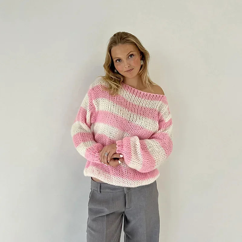 Pull Femme Oversize Rayé Rose en Maille Légère à Poignets Resserrés