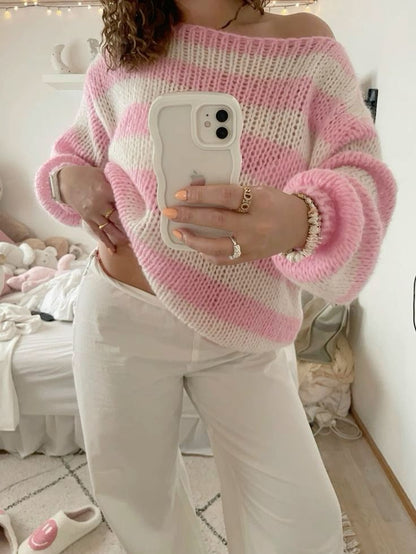 Pull Femme Oversize Rayé Rose en Maille Légère à Poignets Resserrés